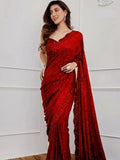 Bollywood Inspired Heavy Red Georgette Saree with Sequin Cutwork Border
