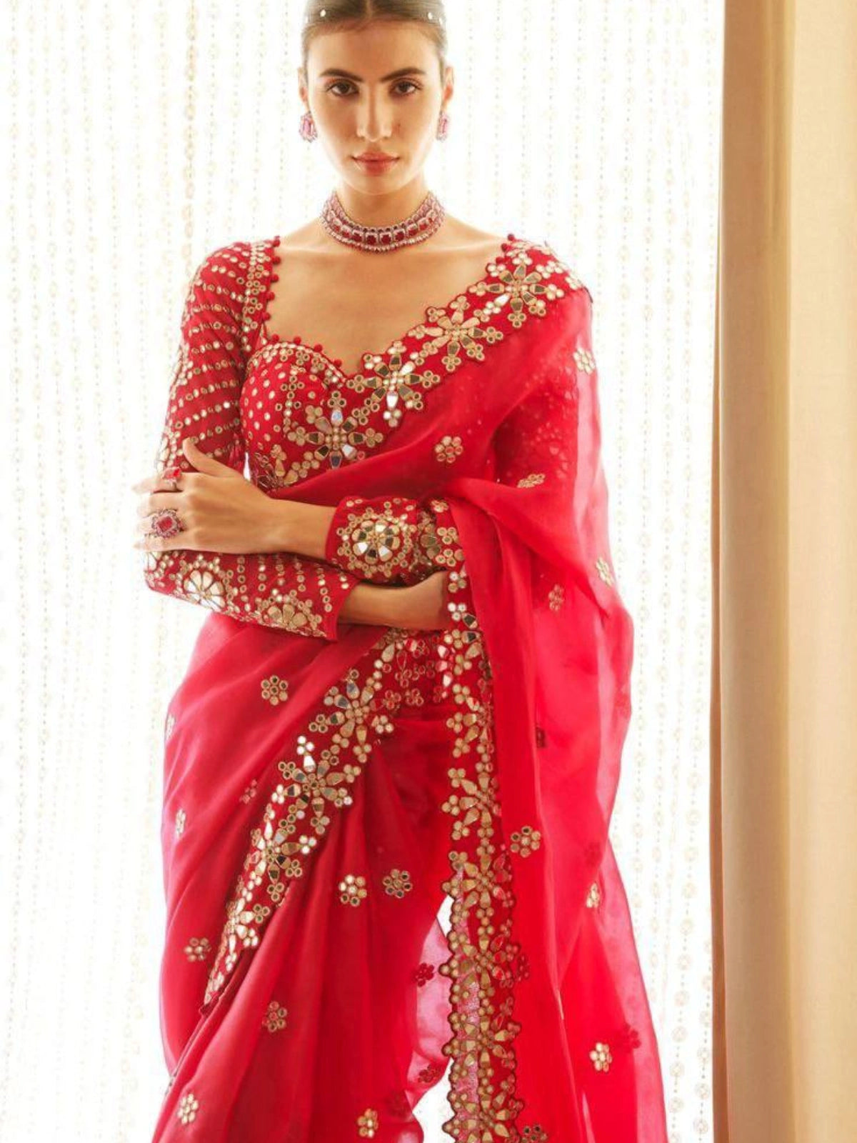 Bollywood Inspired Red Mirror Work Saree with Intricate Floral Detailing-67288437522513