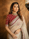 Bollywood Inspired Off-White Twill Net Saree with Red & Gold Embroidery