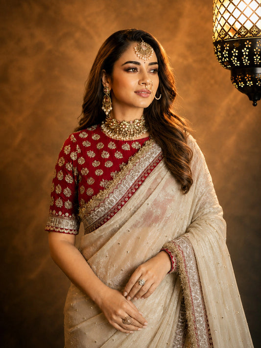 Sonam Inspired Off-White Twill Net Saree with Red & Gold Embroidery-71900135686225