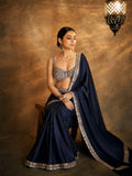 Rakul Inspired Satin Dark Blue Saree With Embroidery Lace and Real Mirror