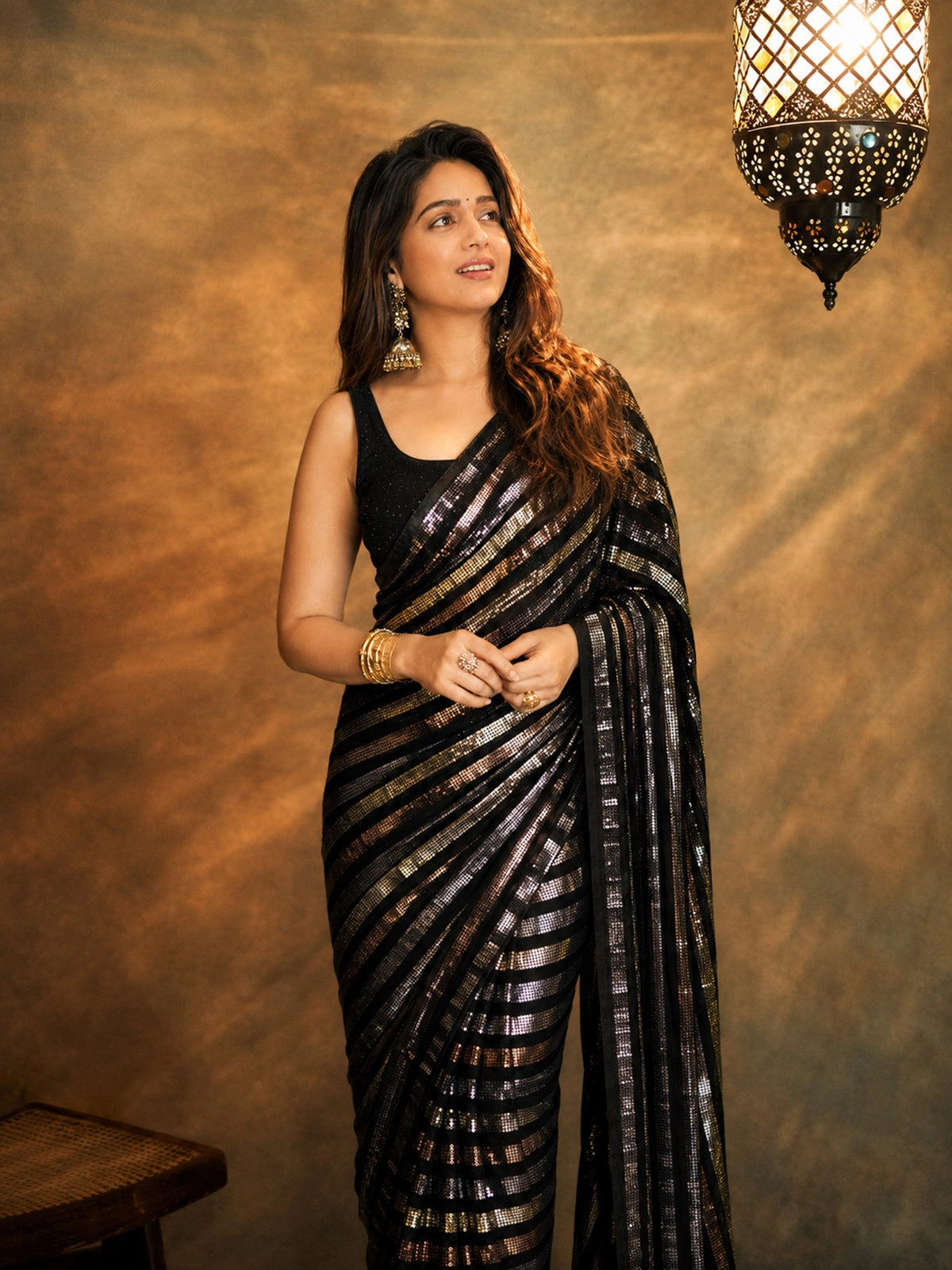 Bollywood-Inspired Black Sequin Saree with Metallic Stripes-71900158722129