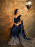 Bollywood Inspired Blue & Silver Sequin Georgette Saree with Cutwork Lace