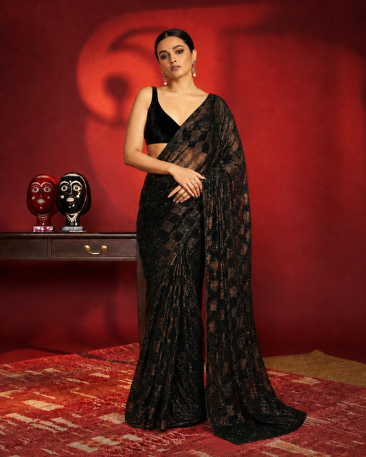 Sanya Inspired Heavy Faux Georgette Full Sequins Black Saree-71814673072209