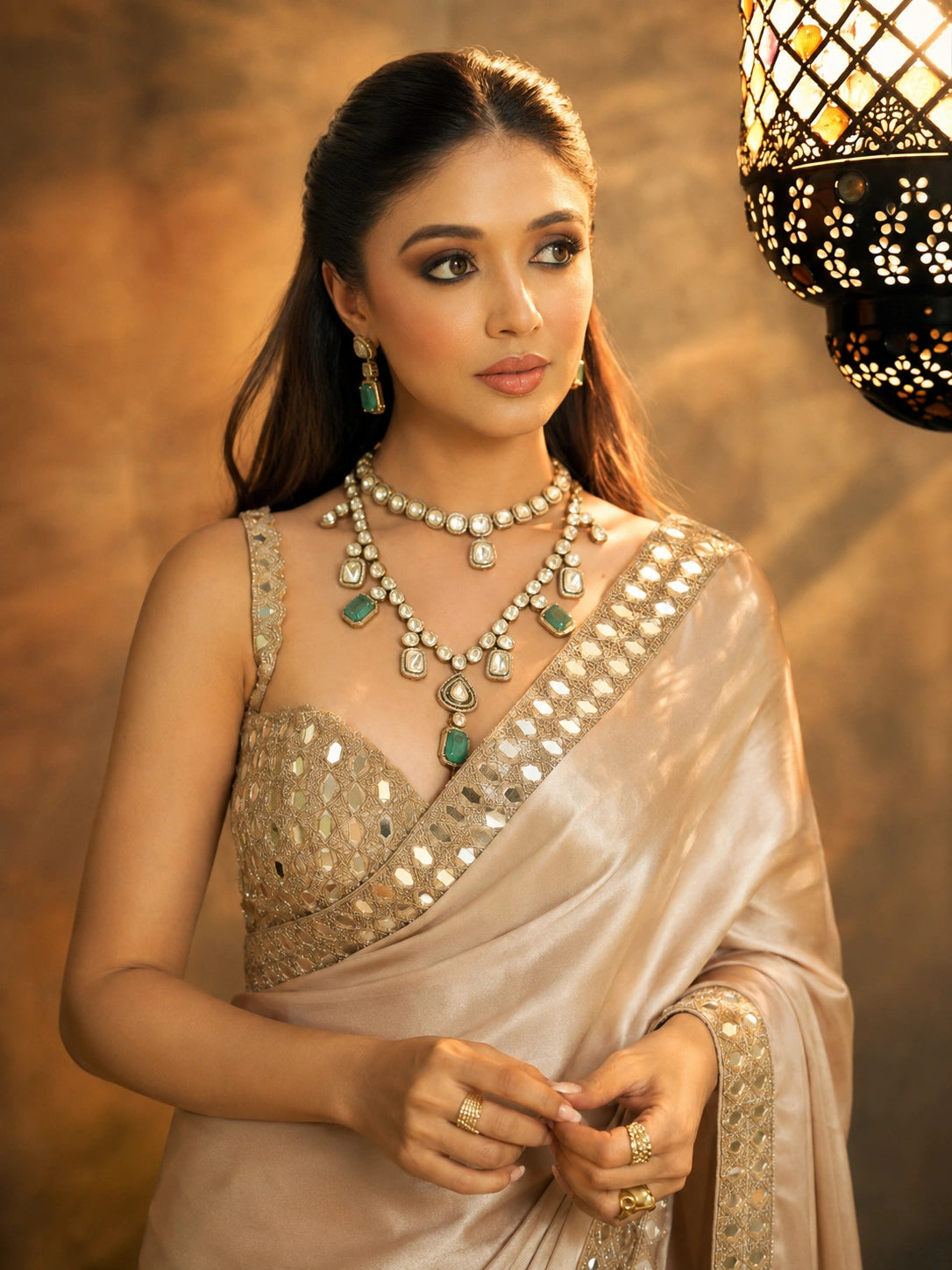 Bollywood Inspired Beige Saree with Original Mirror Work and Embroidery-71814835109969