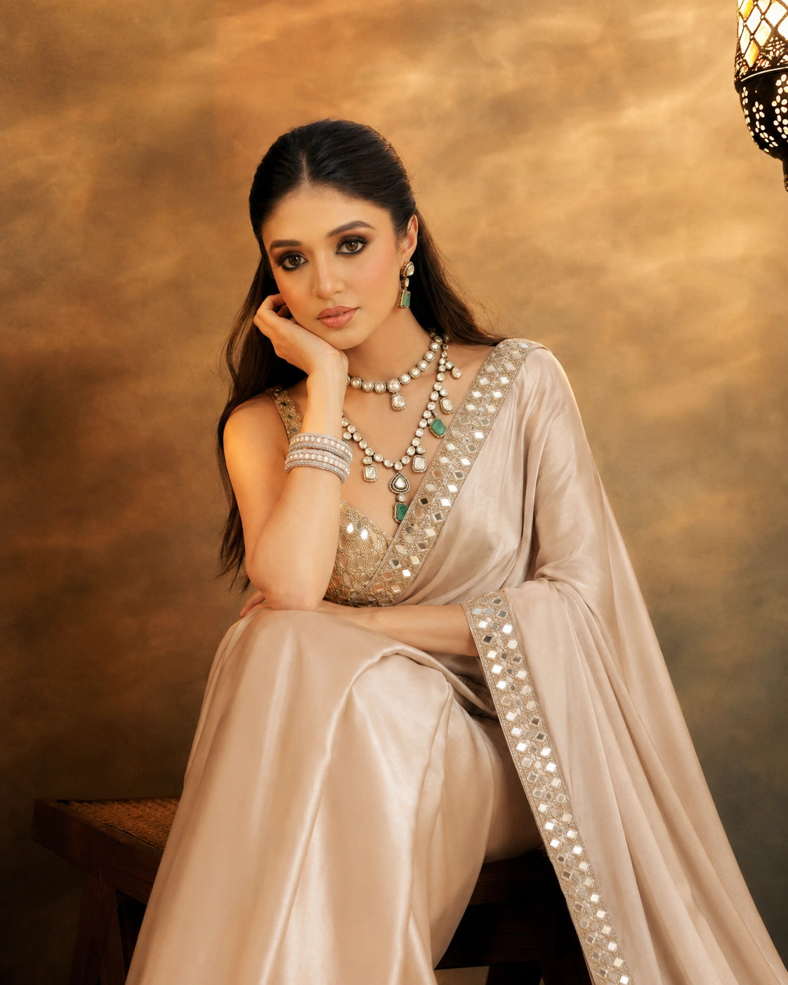 Bollywood Inspired Beige Saree with Original Mirror Work and Embroidery-71814836224081