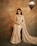 Bollywood Inspired Beige Saree with Original Mirror Work and Embroidery