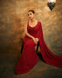 Bollywood Inspired Faux Georgette Embroidery Red Saree with Sequins Work