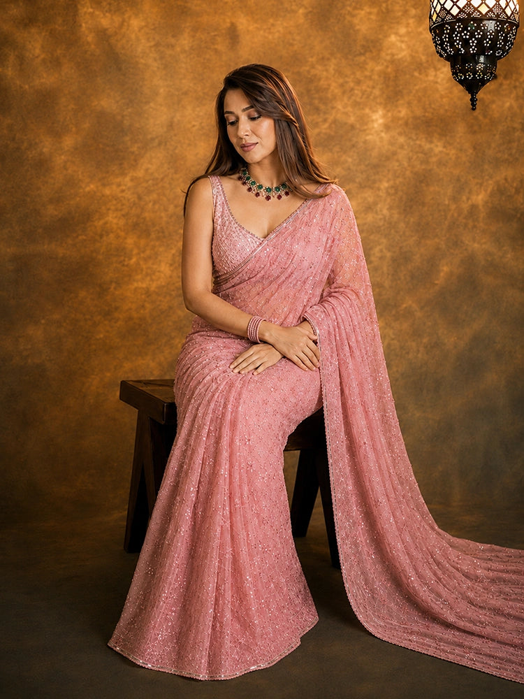 Madhuri Inspired Pink Saree with Embroidery and Sequin Detailing-71987447660625