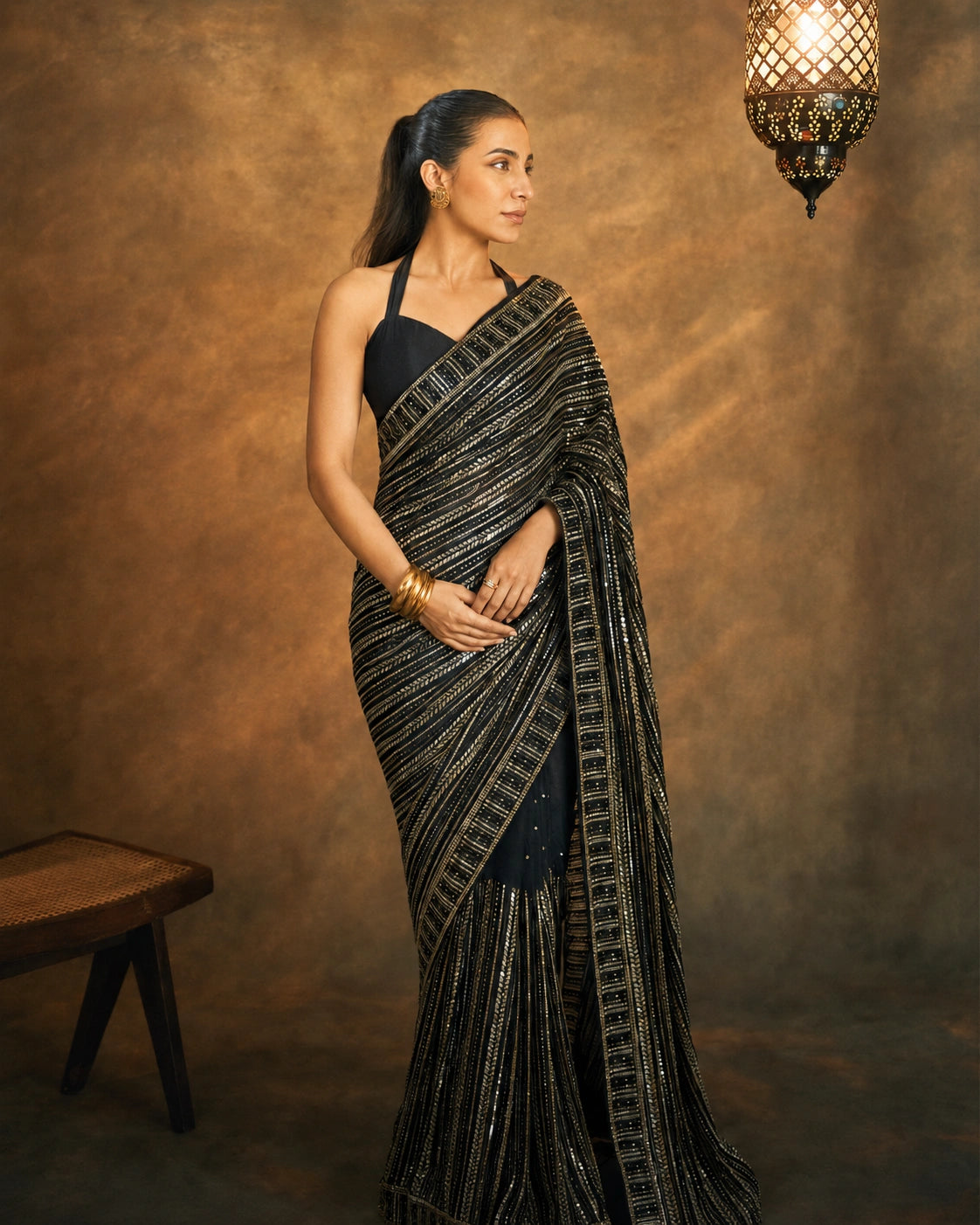 Bollywood Inspired Black Saree with Silver and Gold Sequin Work and Matching Blouse Piece-71814716129361
