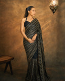 Bollywood Inspired Black Saree with Silver and Gold Sequin Work and Matching Blouse Piece