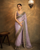 Surabhi Inspired Onion Pink Saree with Gold and Brown Embroidered Borders