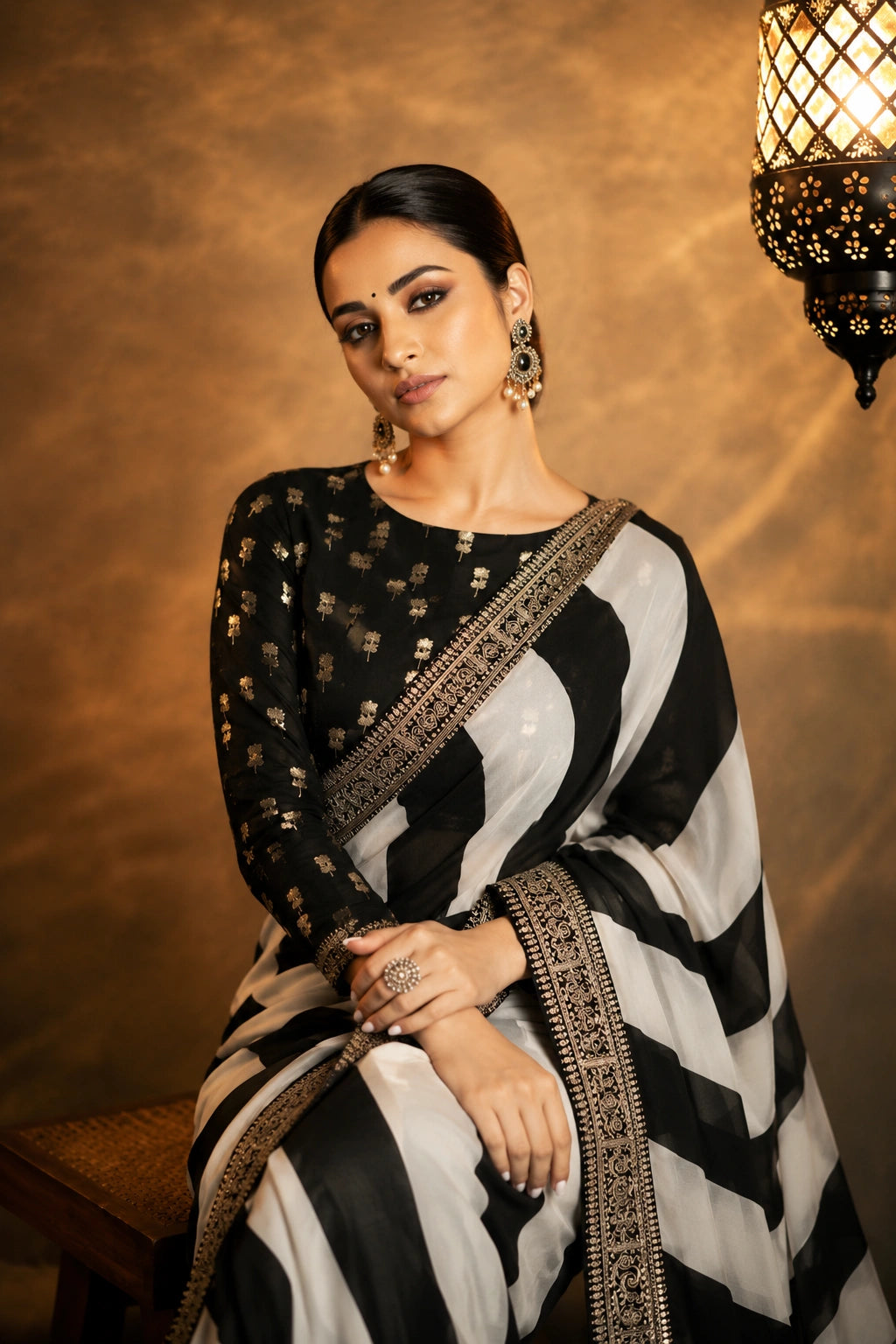 Parineeti Inspired Black & White Striped Printed Georgette Saree-71842803908689