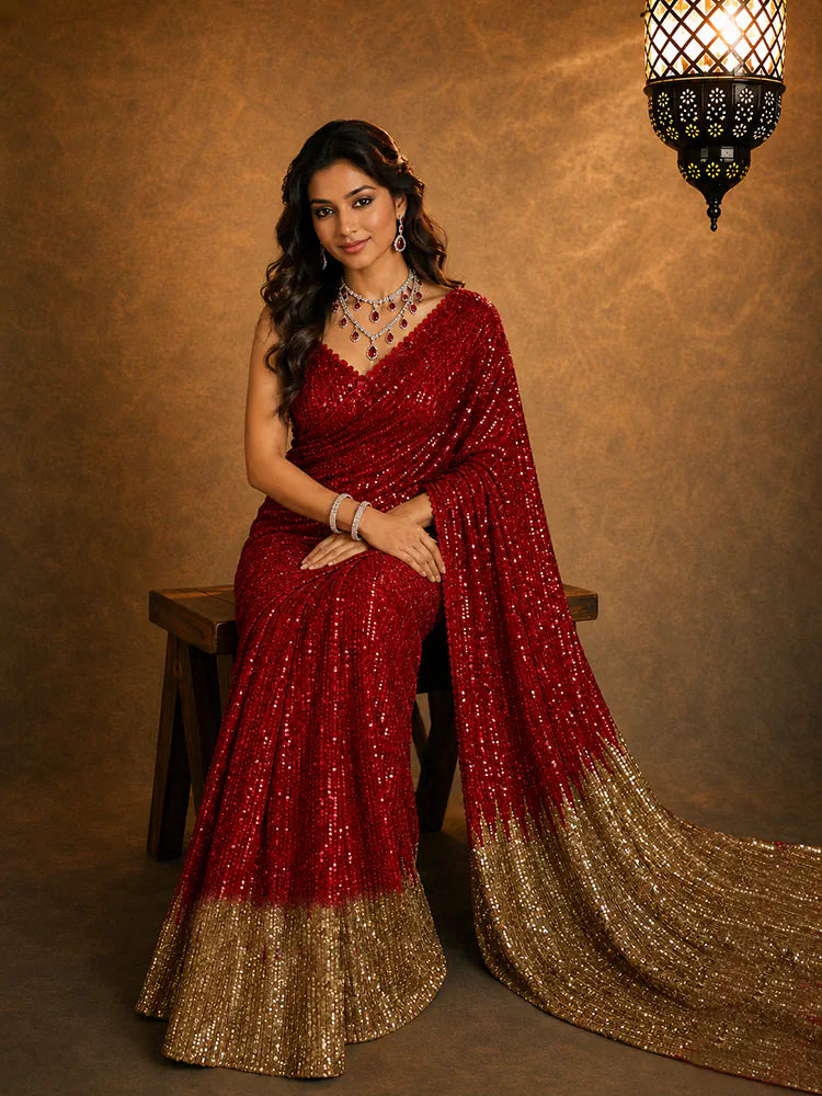 Shreya Inspired Red and Gold Sequin Saree-71939233054801