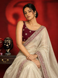 Designer Festive Twill Net Saree in Maroon and Golden Color