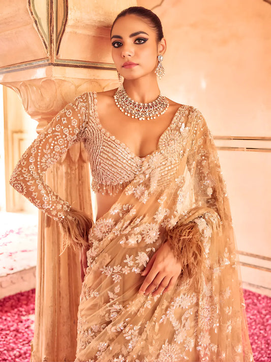 Bollywood Inspired Embroidered Golden Net Saree With Jhalar Border-70894050410577