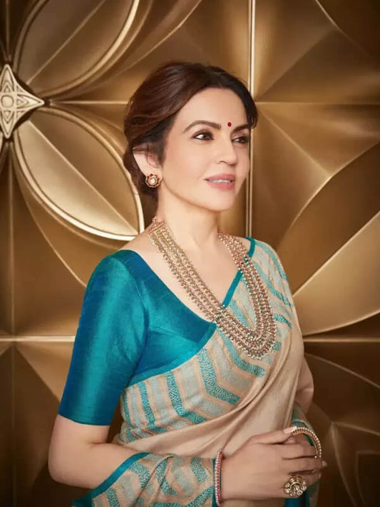 Nita Mam Inspired Kanjeevaram Gold and Blue Tissue Silk Saree-1 Celebrity Drapes