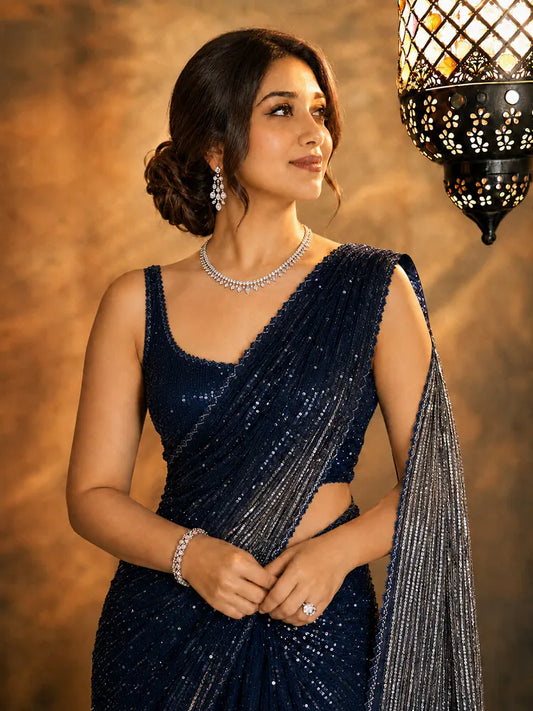 Trisha Inspired Blue & Silver Sequin Georgette Saree with Cutwork Lace-71912307687505