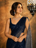 Bollywood Inspired Blue & Silver Sequin Georgette Saree with Cutwork Lace