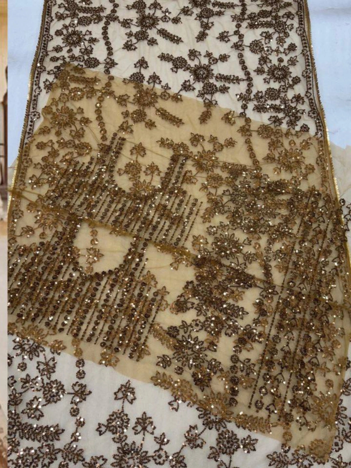 Bollywood Inspired Embroidered Golden Net Saree With Coin Lace-67304471789649