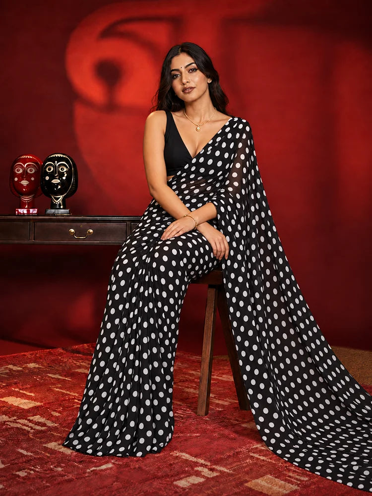 Partywear Black and White Polka Dot Georgette Saree with Black Blouse Piece-73996691963985