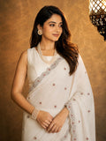 Bollywood Inspired White Silk Saree with Embroidered Work & Border