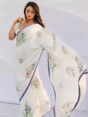 Alia Inspired White Georgette Saree with Floral Digital Print-67381627945041
