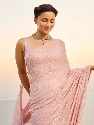 Alia Inspired Georgette Pink Saree Full Sequins Embroidery with Cutwork Lace