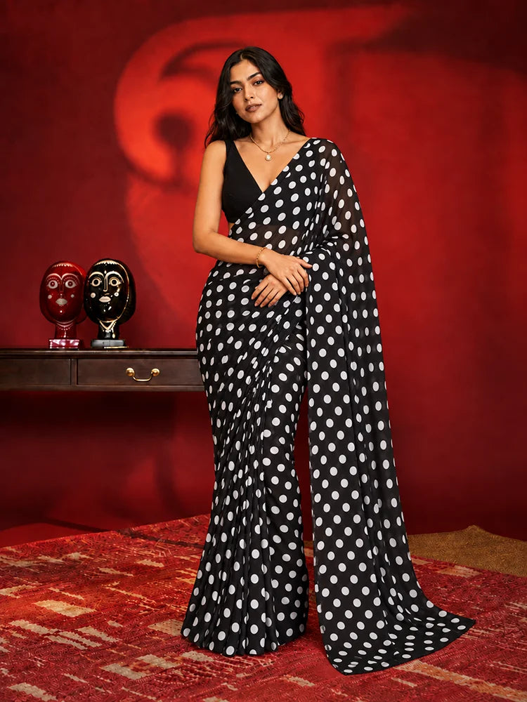 Partywear Black and White Polka Dot Georgette Saree with Black Blouse Piece-73996691767377