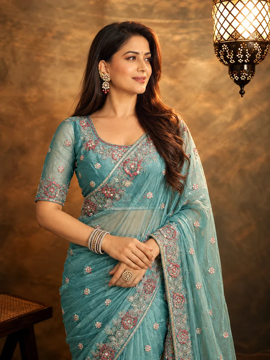 Bollywood Inspired Teal Blue Saree with Handcrafted Embroidered Border-72103979876433