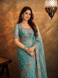 Teal Blue Saree with Handcrafted Embroidered Border
