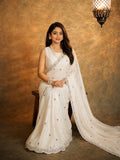 Bollywood Inspired White Silk Saree with Embroidered Work & Border
