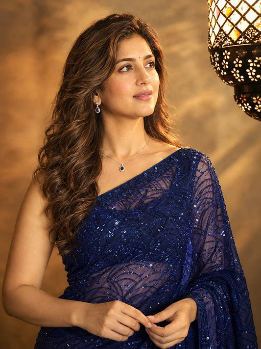 Celebrity Inspired Heavy Georgette Sequence Blue Saree With Unstitched Blouse-73784592236625
