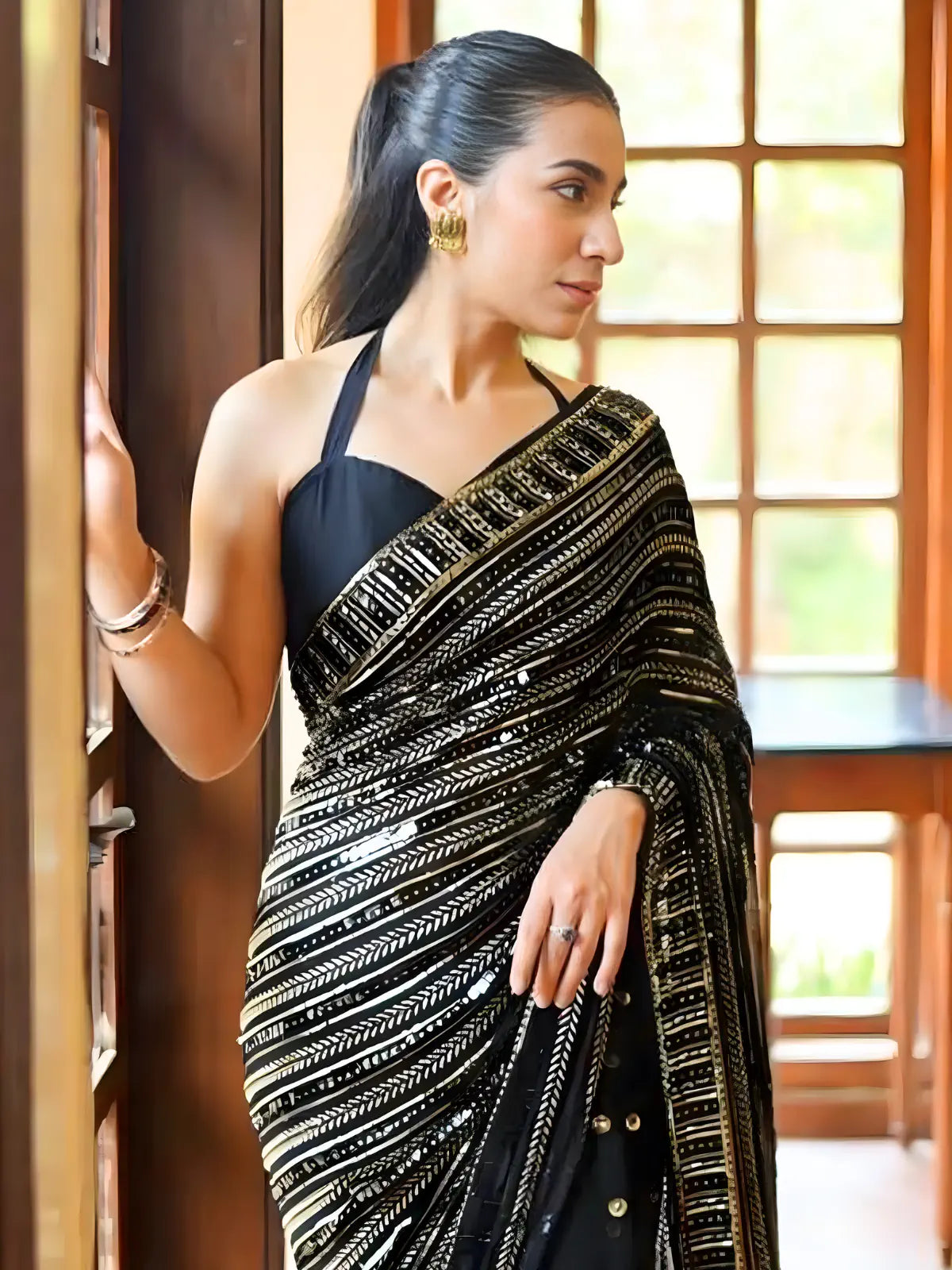 Bollywood Inspired Black Saree with Silver and Gold Sequin Work and Matching Blouse Piece-71427814948945