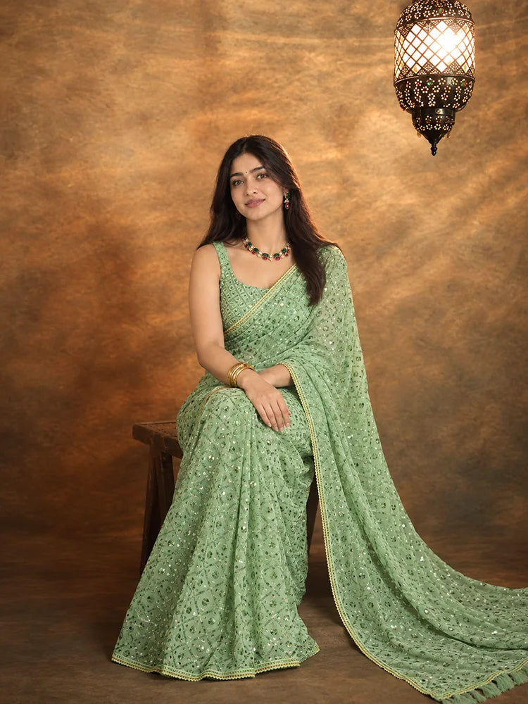 Madhuri Inspired Pista Green Saree with Embroidery and Sequin Detailing-72103902511185