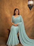 Bollywood Inspired Aqua Blue Soft Net Saree with Beautiful Sequins and Beads Work