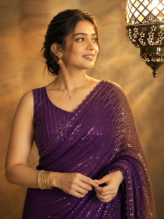 Shreya Inspired Wine and Gold Sequin Saree-71986720505937