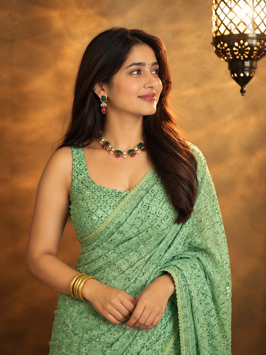 Madhuri Inspired Pista Green Saree with Embroidery and Sequin Detailing-72103902740561