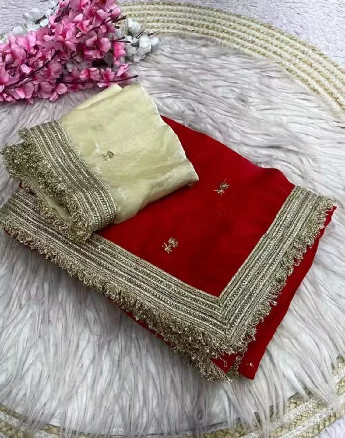 Bollywood Inspired Pure Silk Red Satin Tissue Saree with Embroidered Work-71937343619153