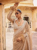 Bollywood Inspired Golden Honeycomb Pattern Net Saree with Tassel Border