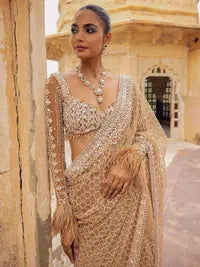 Bollywood Inspired Golden Honeycomb Pattern Net Saree with Tassel Border