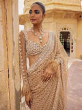 Bollywood Inspired Golden Honeycomb Pattern Net Saree with Tassel Border