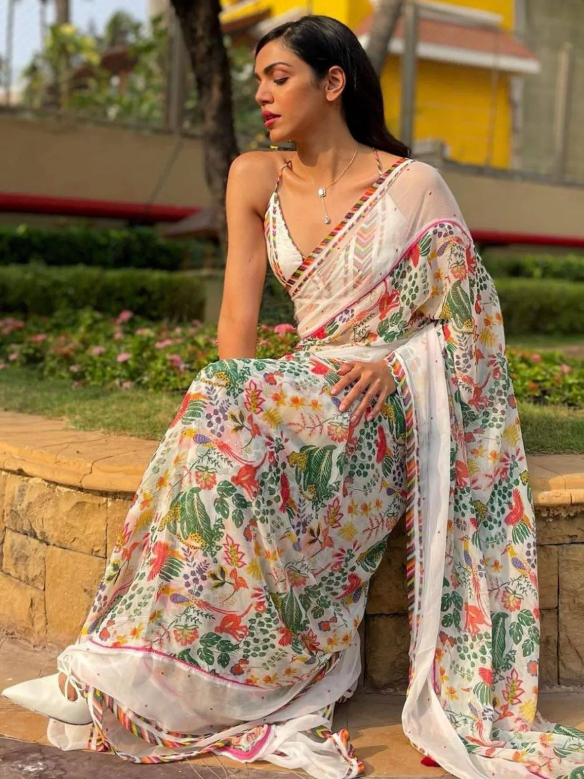 Shriya Inspired White Printed Georgette Rimjhim Saree-67189192228945
