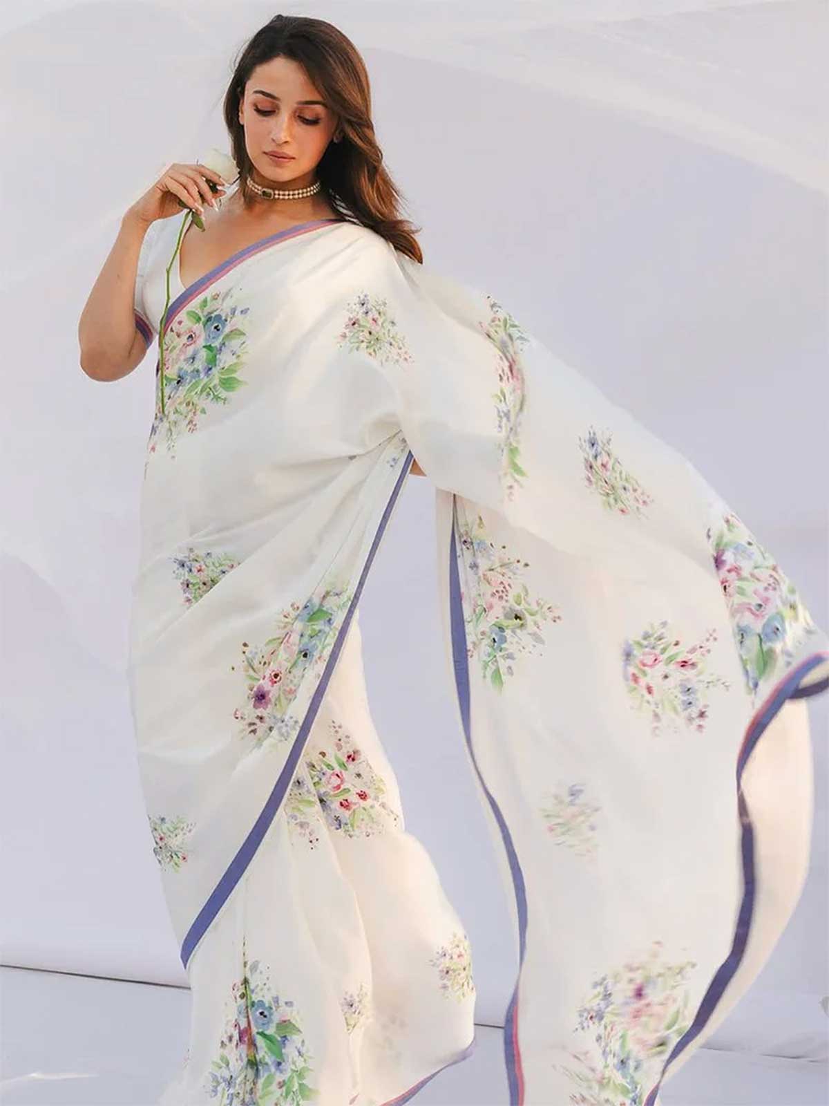 Alia Inspired White Georgette Satin Saree with Floral Digital Print-1  Celebrity Drapes