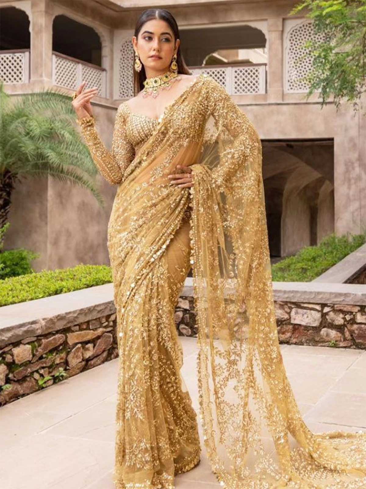Bollywood Inspired Embroidered Golden Net Saree-1  Celebrity Drapes