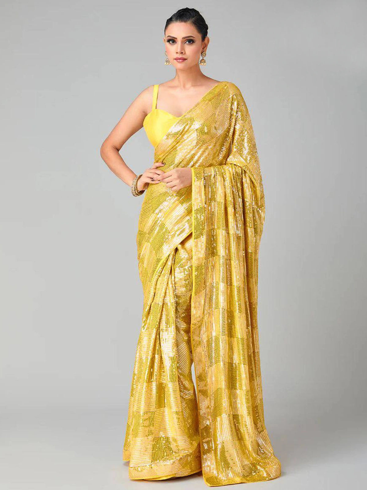 Bollywood Inspired Heavy Georgette Sequins Yellow Saree