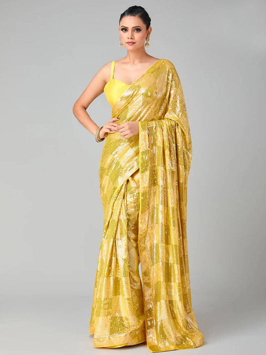 Bollywood Inspired Heavy Georgette Sequins Yellow Saree