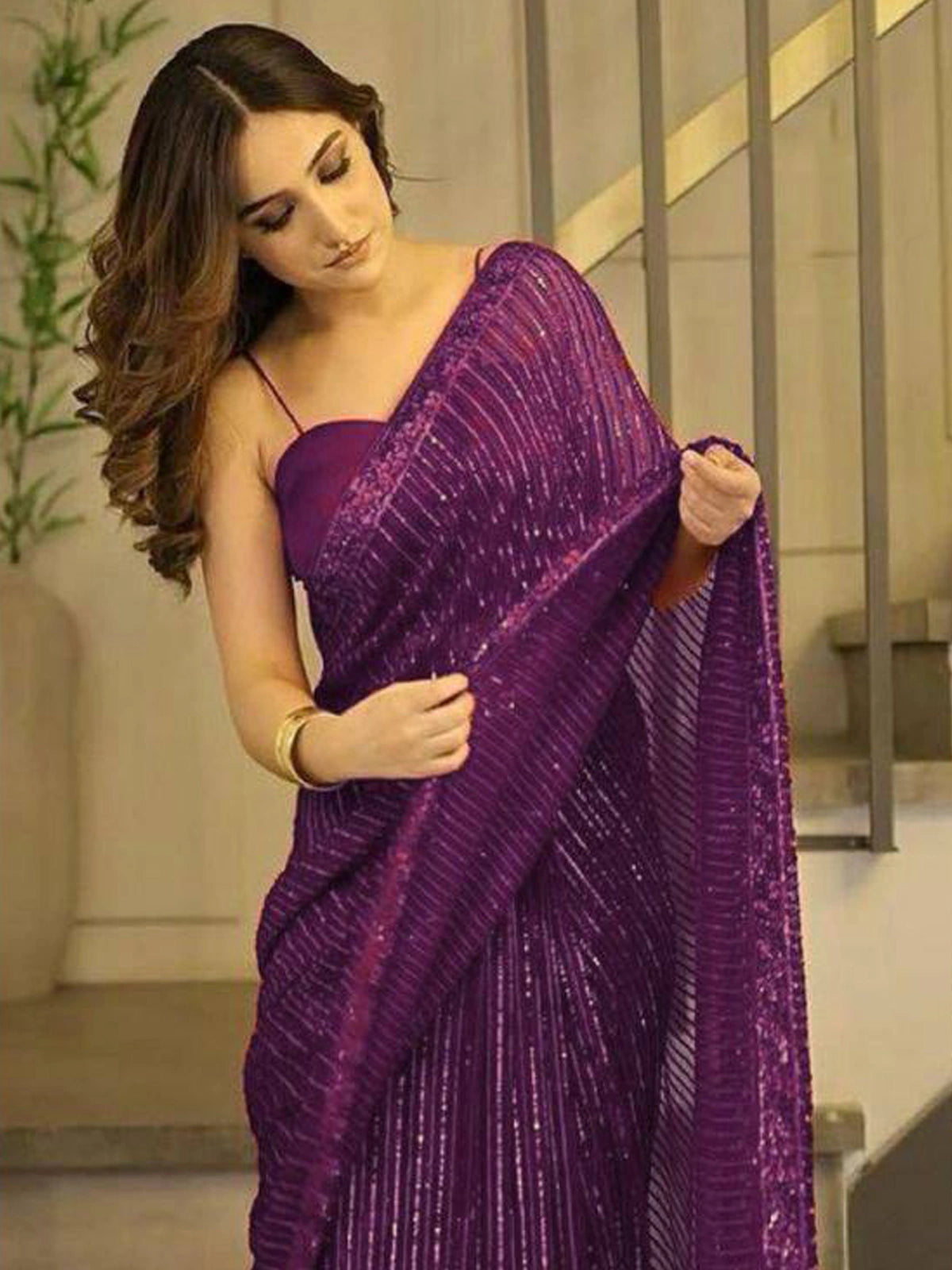 Bollywood Inspired Heavy Georgette Sequins Embroidery Purple Saree-67251714097233
