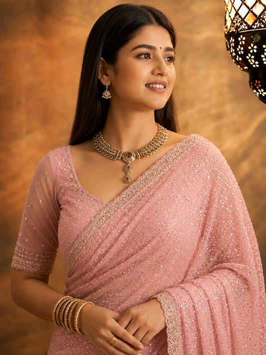 Bollywood Inspired Pink Soft Net Saree with Sequins and Beads Work-71851517509713