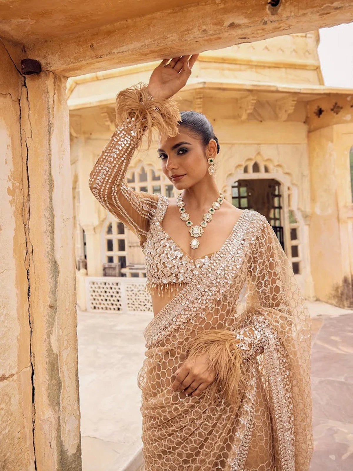 Bollywood Inspired Golden Honeycomb Pattern Net Saree with Tassel Border-70430146068561